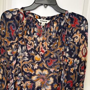 Boden Navy Paisley Floral V-Neck Blouse with Red, Cream & Gold Accents